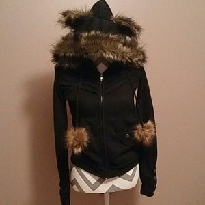 Cat Ears with Tail Black Jacket with Faux Fur